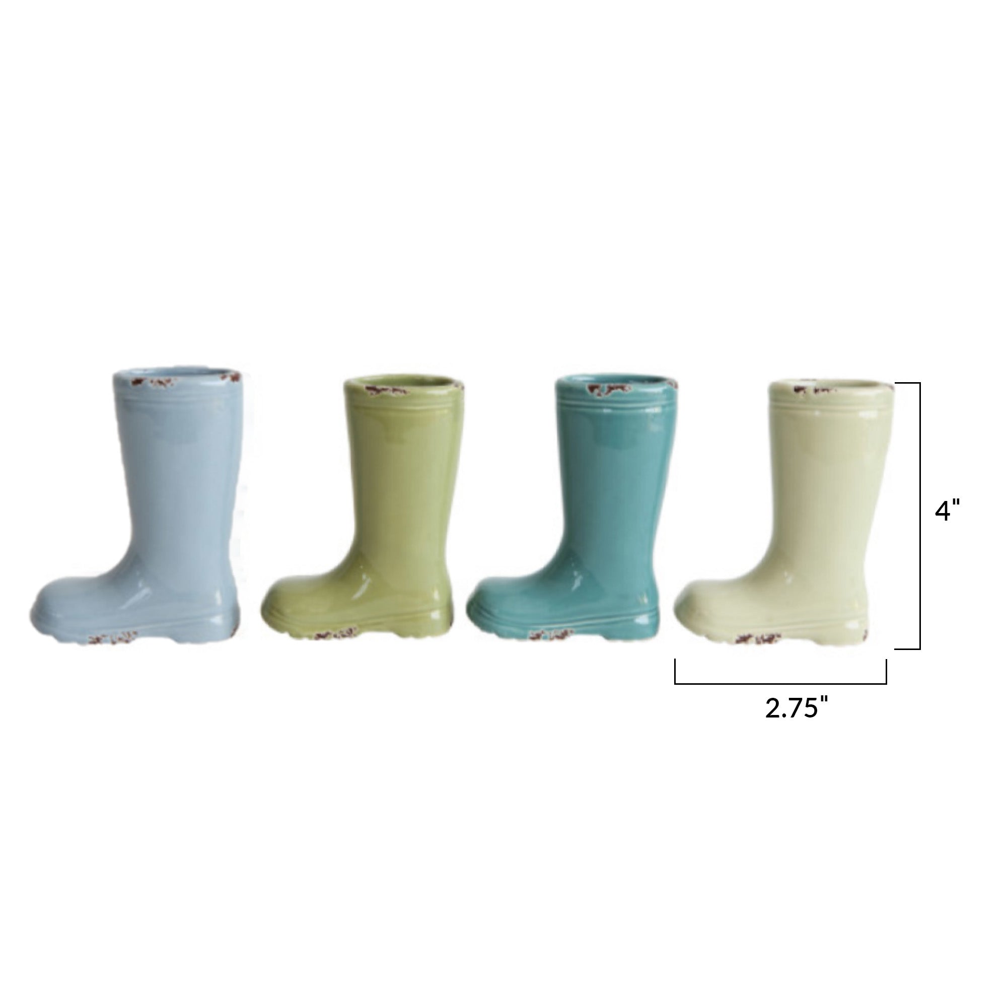 A set of four small stoneware vases in the shape of boots with distressed finishes and various colors.